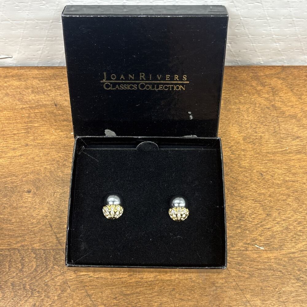 Signed Joan Rivers Vintage Black Faux Pearl Crystals Gold T pierced earrings